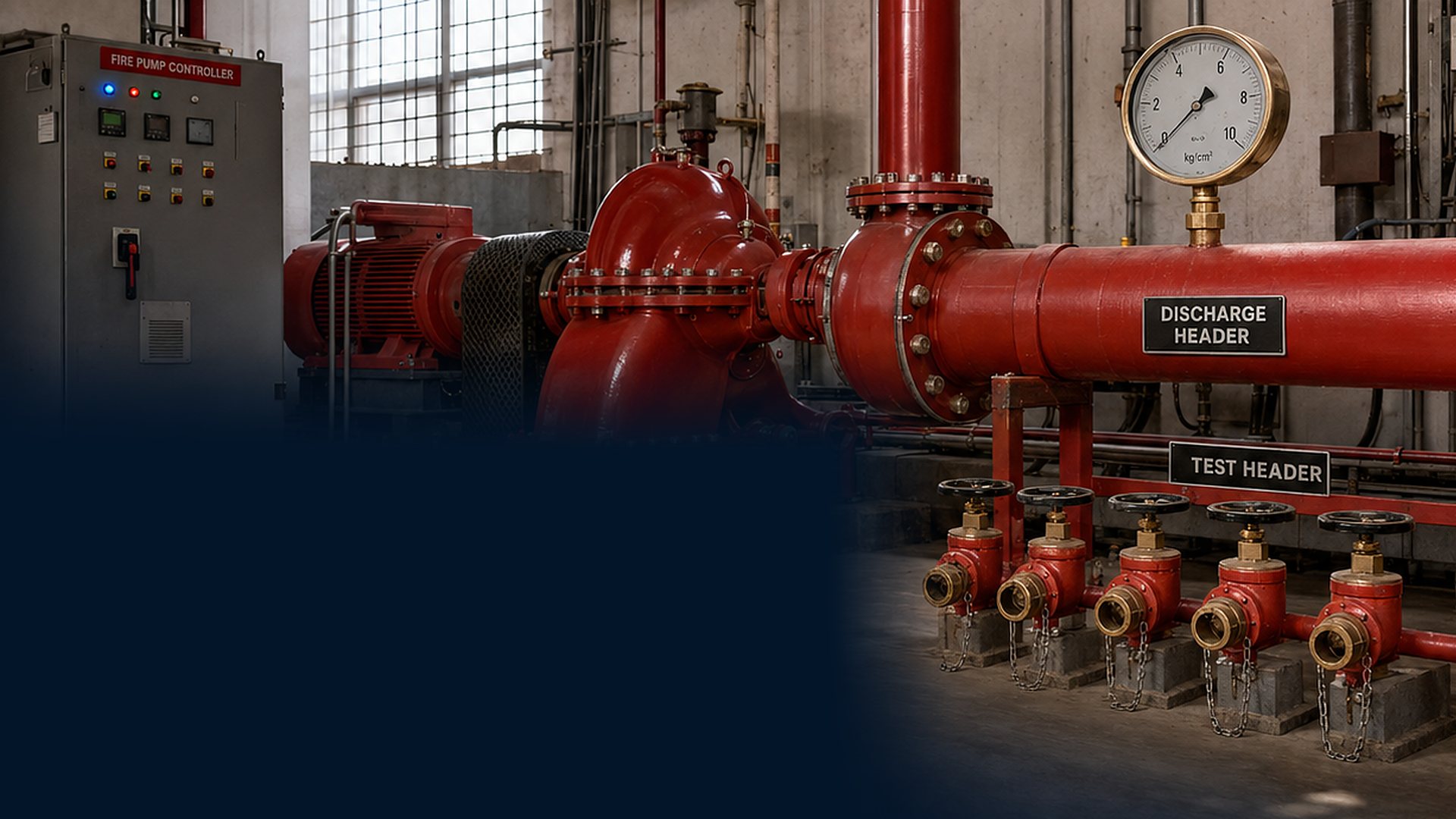 Fire pump set with discharge header and test header valves - illustrative, from the LinkedIn post card