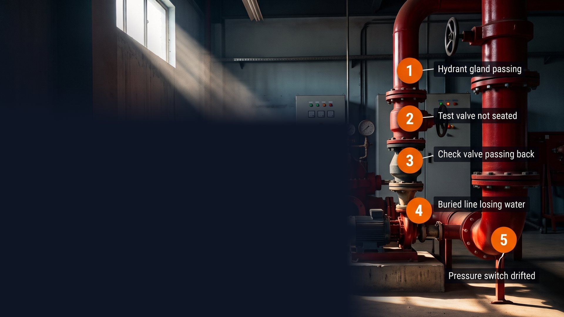 Fire pump room riser with five likely causes marked - illustrative, from the LinkedIn post card