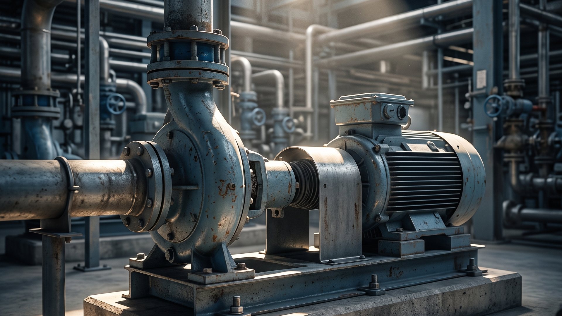 Centrifugal pump and motor running on a plinth - illustrative, from the LinkedIn post