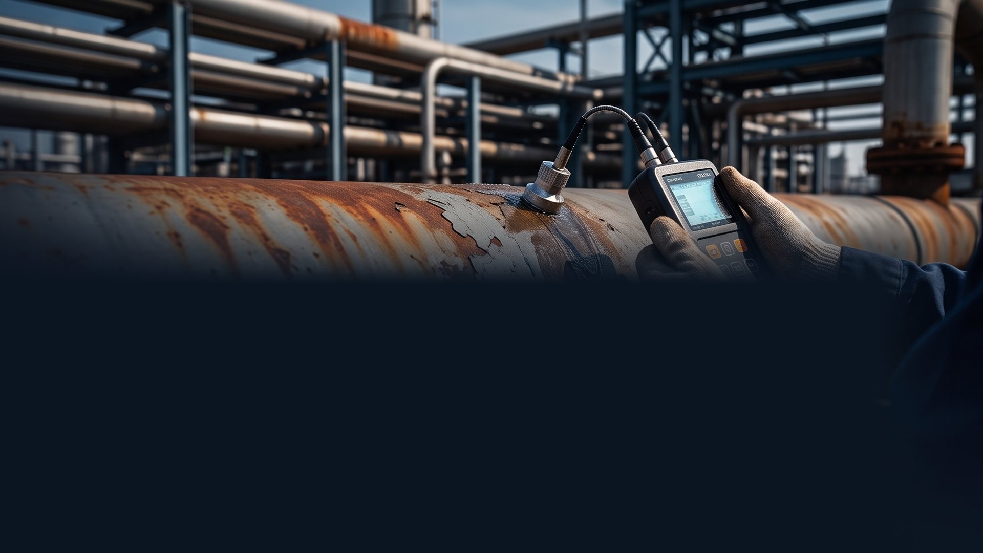 Ultrasonic thickness gauge on a corroded pipe - illustrative, from the LinkedIn post card